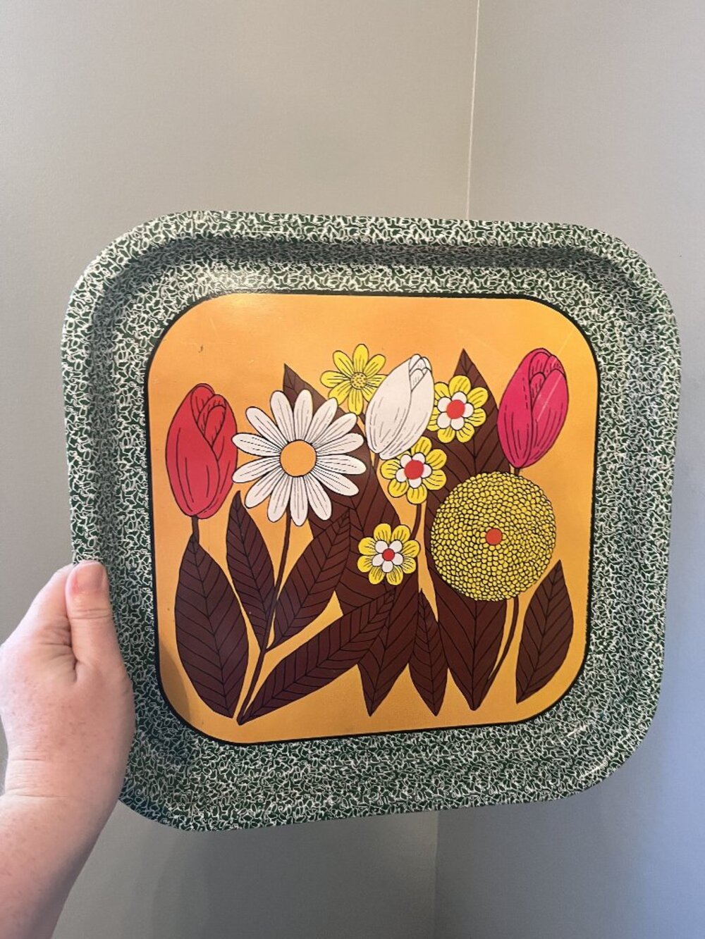 Vintage Baret Ware MOD 60s 70s Flower Power Metal Serving Tray 13"x13"